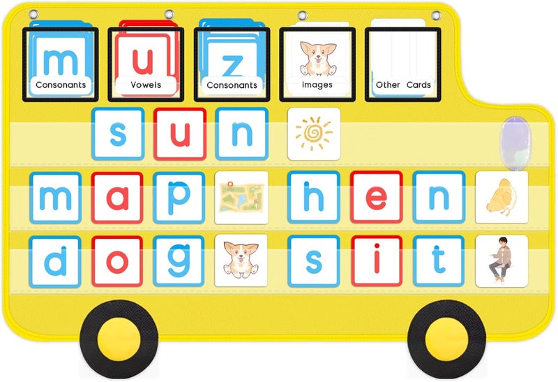 ALSLEA Pocket Chart for Classroom, 33 ⅞ " x 22" Large School Bus Shaped Pocket Charts for Kids, Back to School Supplies, Classroom Decor Hanging Pocket Charts with 8 Sentence Strips Holder (Yellow) - Image 1